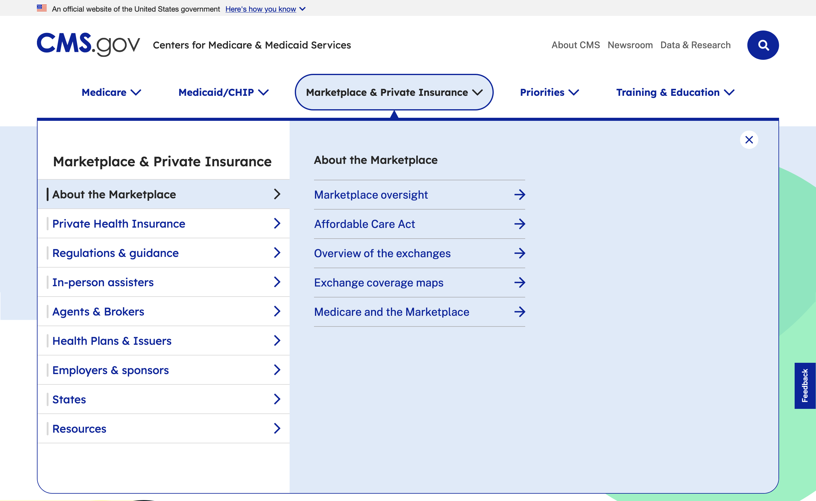 Latest cms.gov header and main navigation