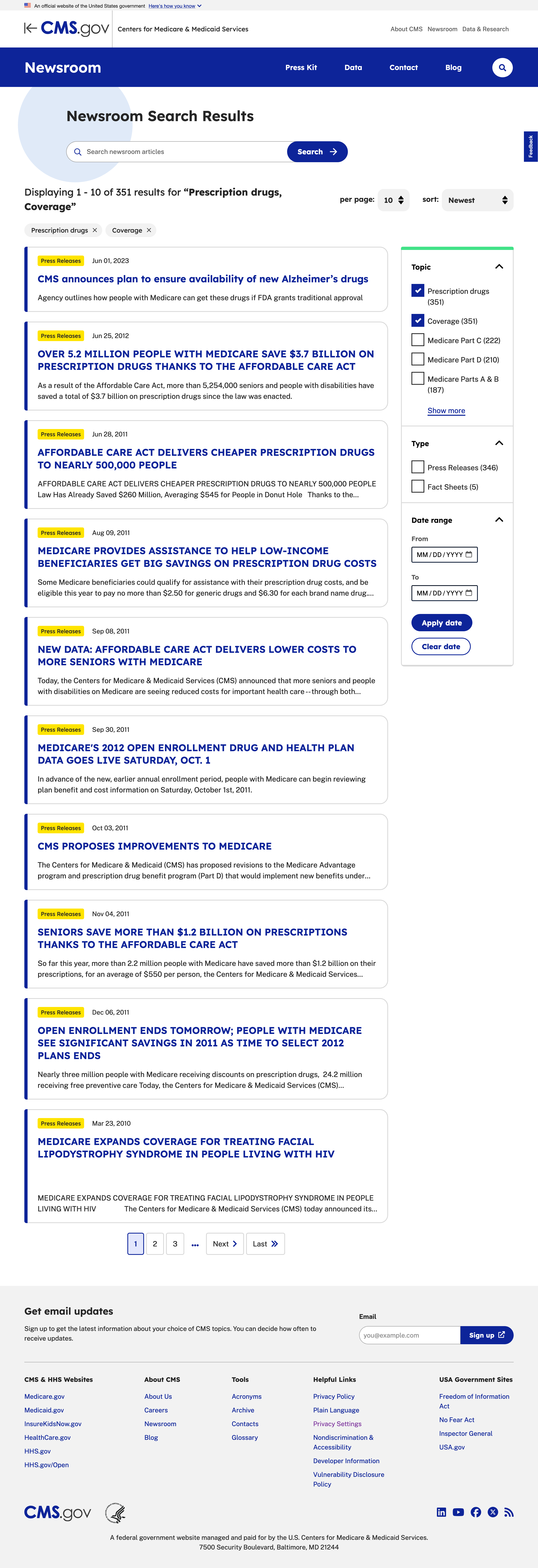 Latest cms.gov Newsroom search page